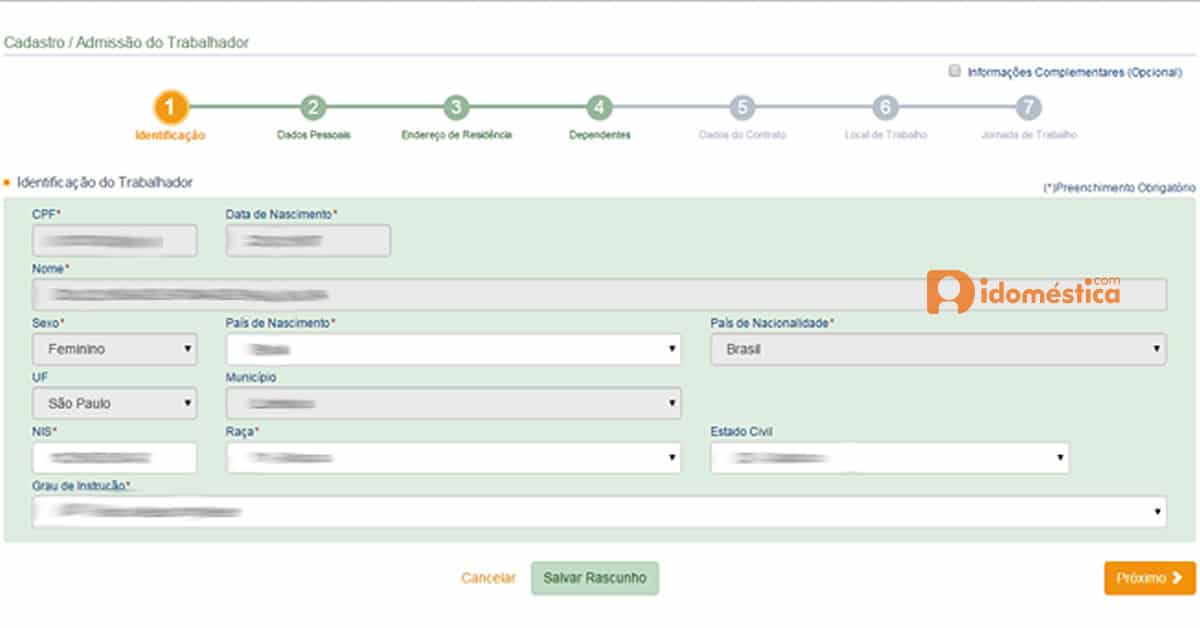 esocial-cadastro-domestica-identificacao-passo1 Empregador doméstico: Veja passo a passo como fazer o cadastro no eSocial. O prazo vai até 31/10. A 1ª guia do Simples Doméstico vence 06/11, mas a Receita só vai liberar a guia em 1º de novembro.