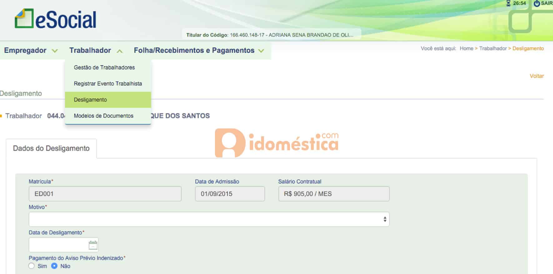 eSocial Doméstico - Tela de Desligamento / Rescisão