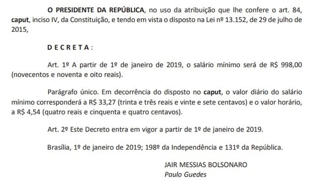 Governo define salário mínimo de empregada doméstica para 2019 Decreto do salário mínimo de empregada doméstica para 2019
